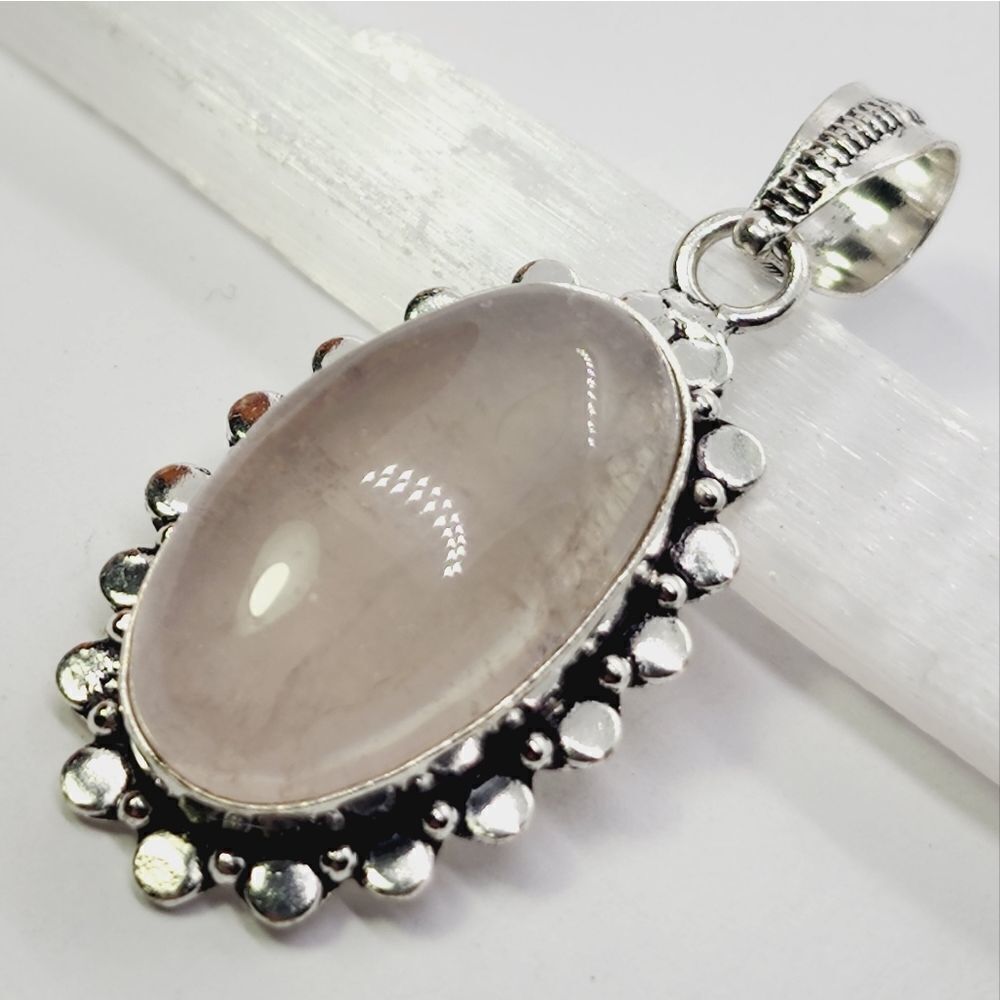 Rose Quartz 925 Silver Plated Handmade Gemstone Pendant of 2.1" Ethnic Gift
